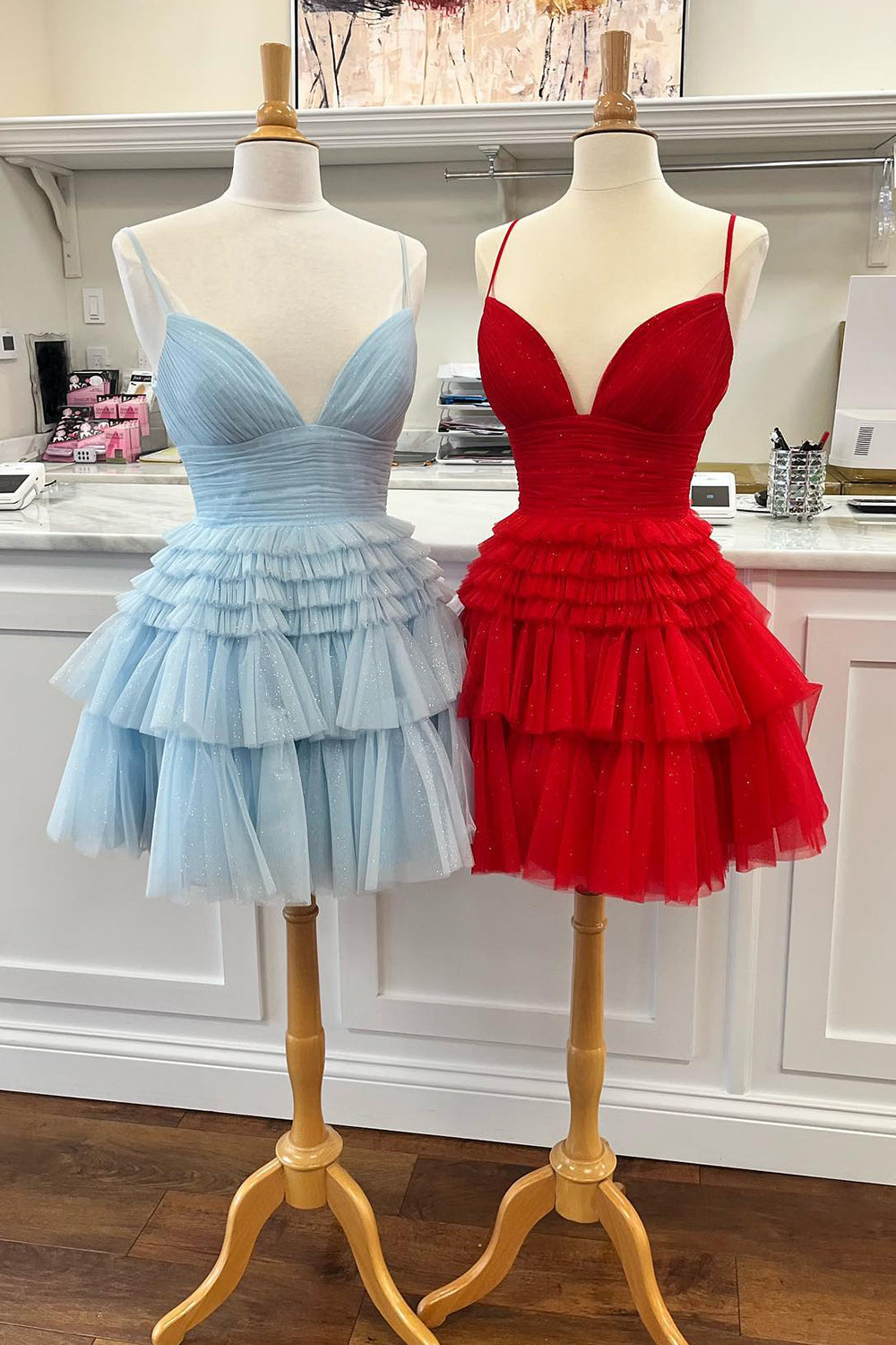 Glitter Blue Homecoming Dresses A-Line Tulle Tiered Short Cocktail Dresses