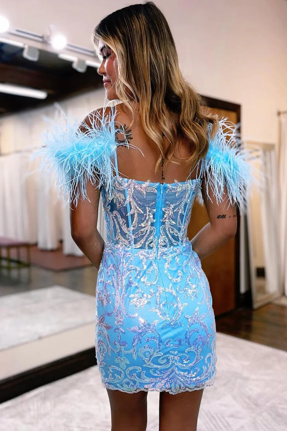 Glitter Blue Homecoming Dresses Corset Lace Tight Short Cocktail Dresses with Feathers