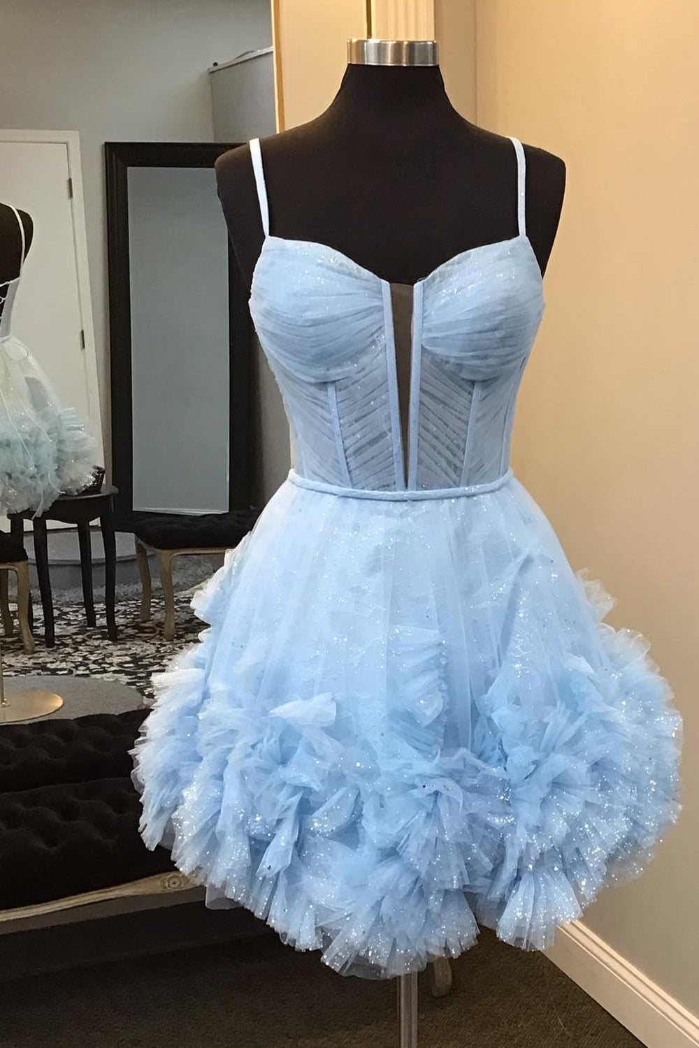 Glitter Blue Homecoming Dresses Corset Tulle A-Line Tulle Short Cocktail Dresses With Pocket