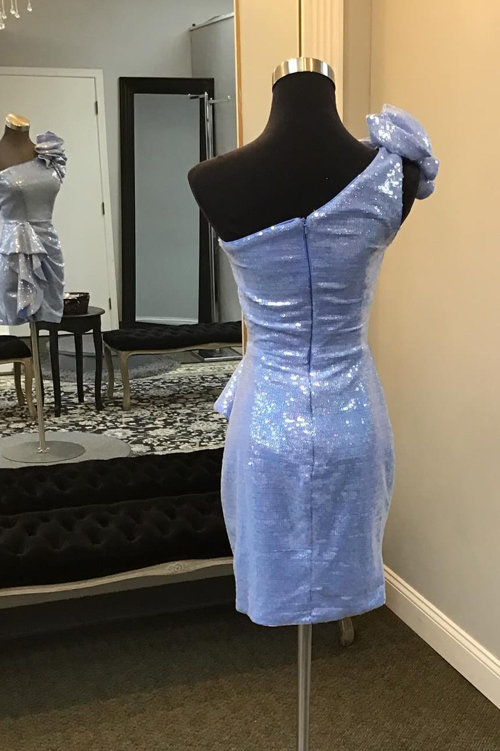 Glitter Blue Homecoming Dresses Sequin One Shoulder Tiered Prom Dress