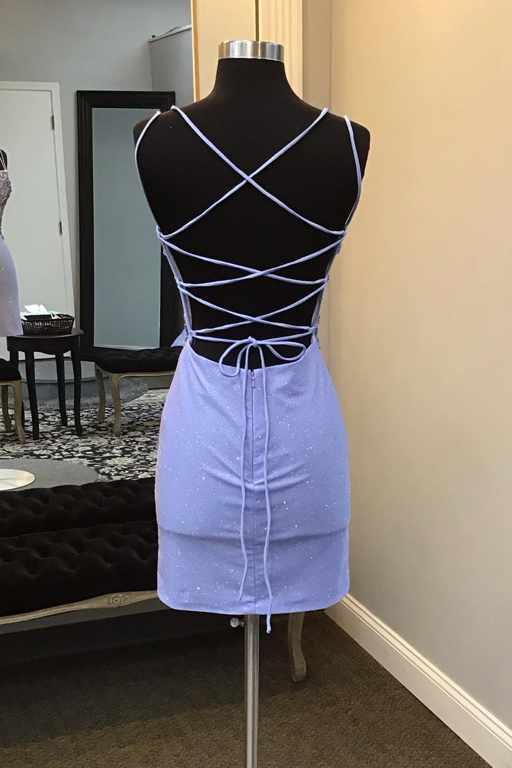 Glitter Blue Homecoming Dresses Spaghetti Straps Corset Tight Short Beaded Prom Dress
