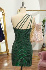 Glitter Dark Green Homecoming Dress One Shoulder Beaded Tight Prom Dress