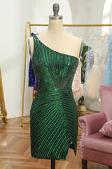 Glitter Dark Green Homecoming Dress One Shoulder Beaded Tight Prom Dress