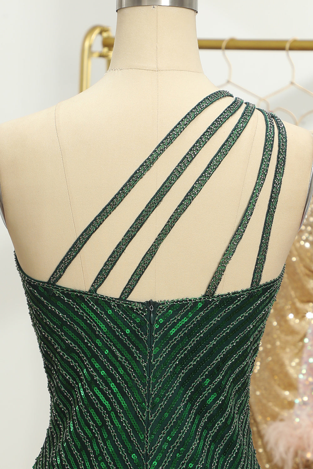 Glitter Dark Green Homecoming Dresses One Shoulder Beaded Tight Prom Dress