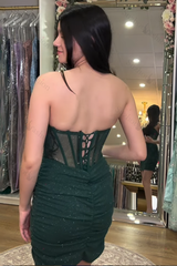Glitter Dark Green Strapless Tight Homecoming Dresses Short Corset Cocktail Dresses
