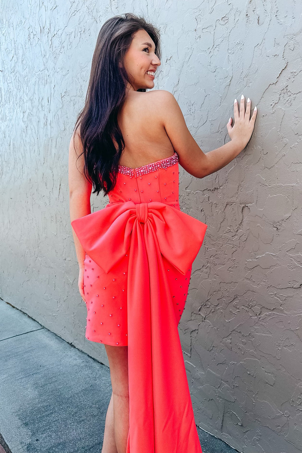 Glitter Fuchsia Homecoming Dresses Beaded Strapless Bodycon Short Cocktail Dresses With Bow