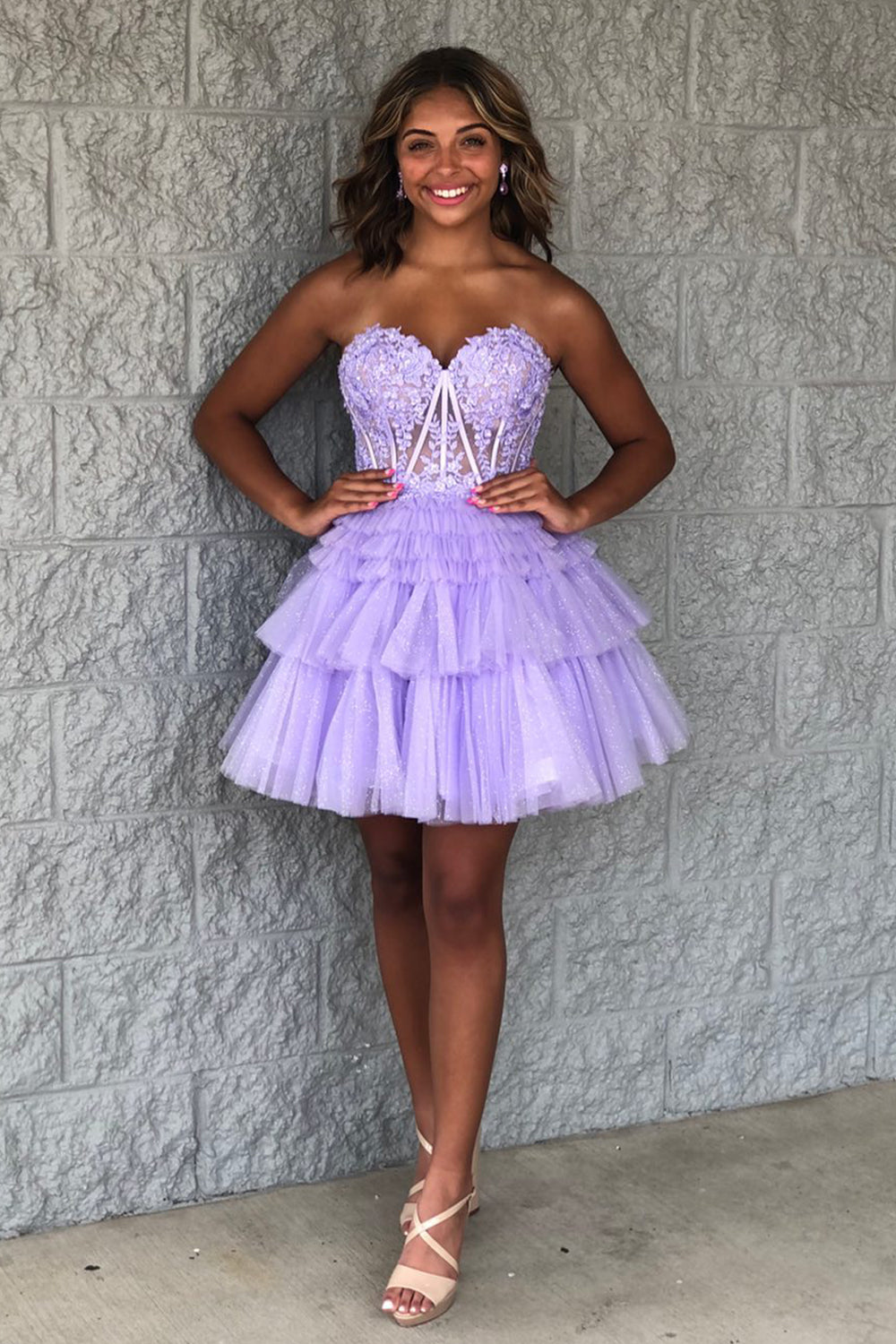 Glitter Lavender Homecoming Dresses Corset Tiered Short A-Line Tulle Prom Dress with Lace