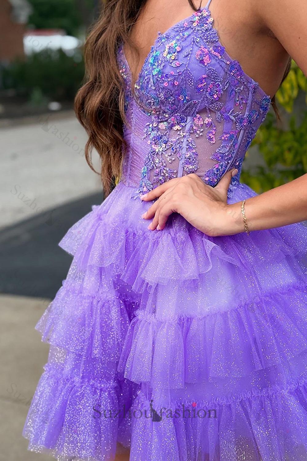 Suzhoufashion Glitter Lavender Homecoming Dresses Ruffled Short Corset Cocktail Dresses With Sequins Suzhoufashion Glitter Lavender Homecoming Dresses Ruffled Short Corset Cocktail Dresses With Sequins