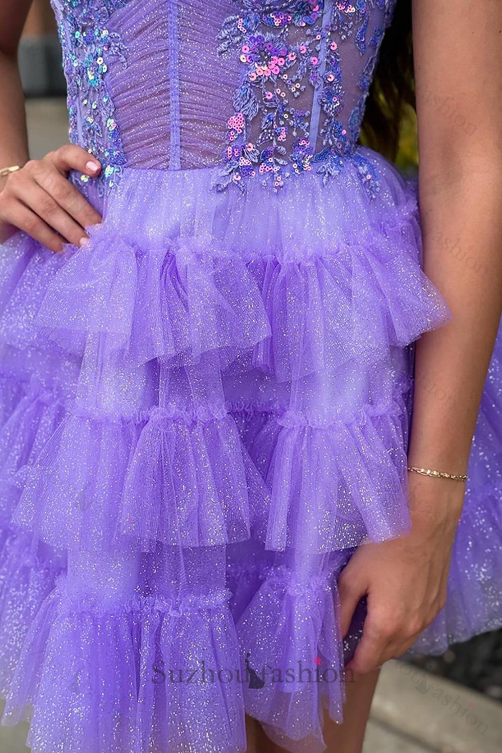 Suzhoufashion Glitter Lavender Homecoming Dresses Ruffled Short Corset  Cocktail Dresses With Sequins  suzhoufashion
