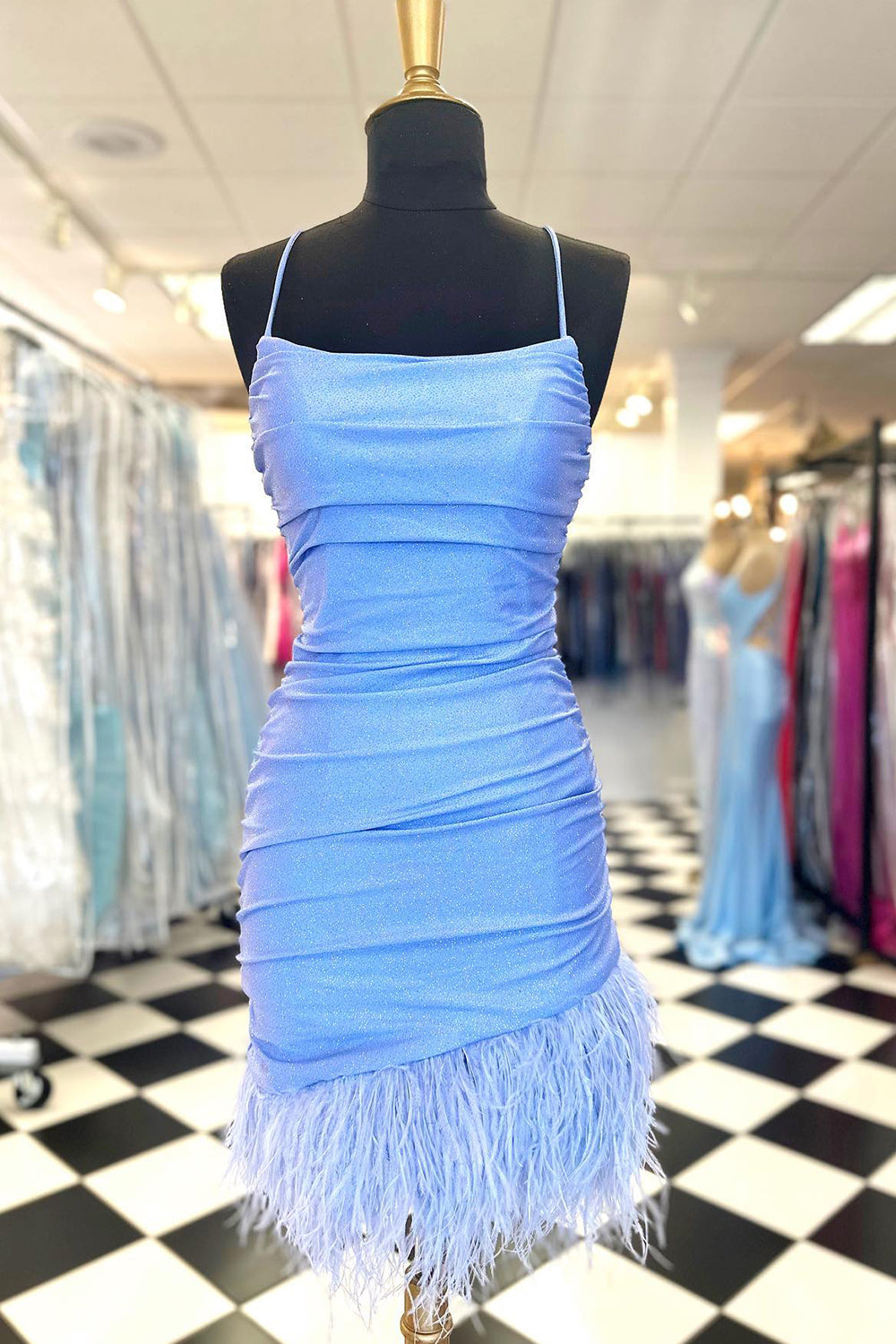 Glitter Light Blue Homecoming Dresses Feathered Tight Short Cocktail Dresses