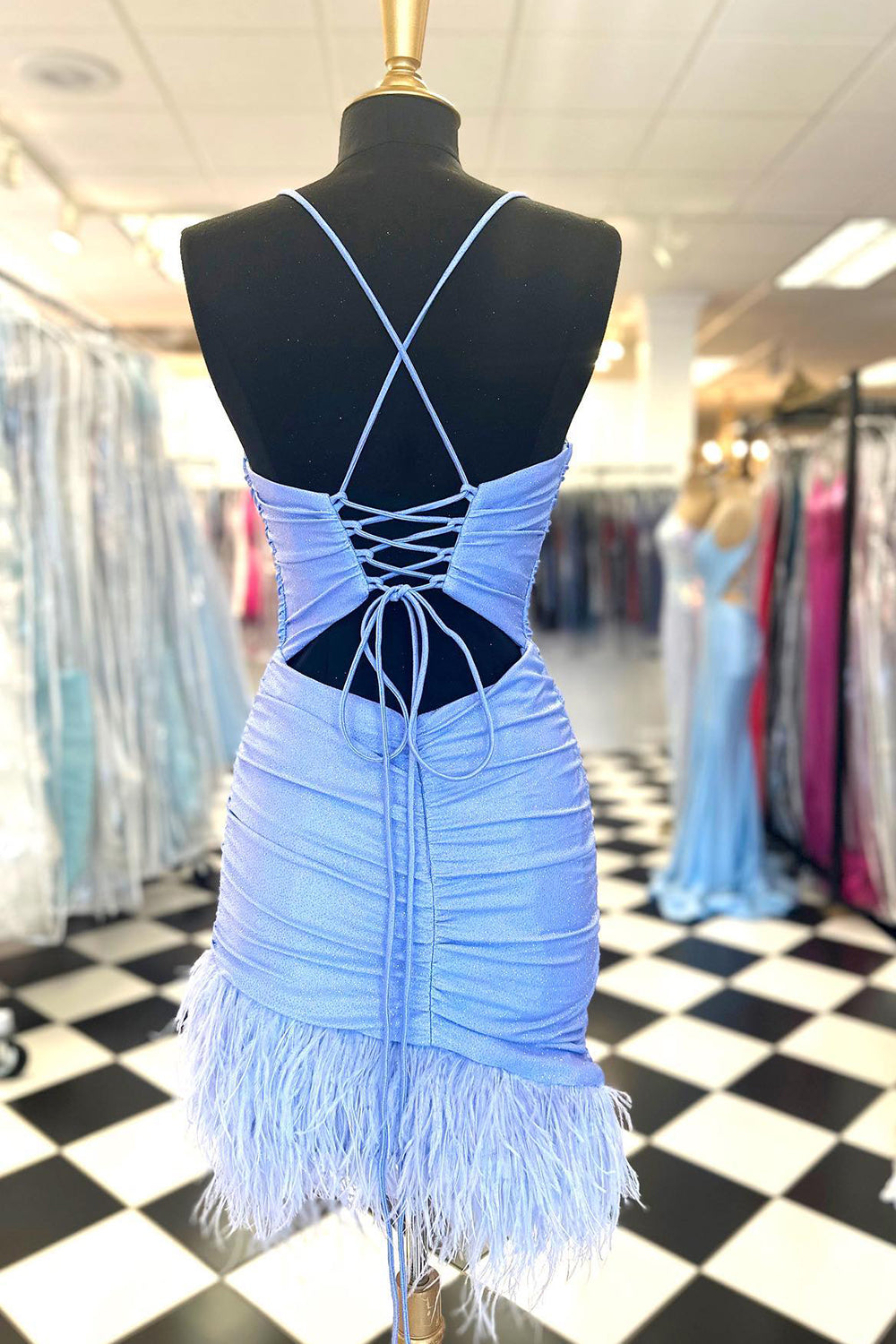 Glitter Light Blue Homecoming Dresses Feathered Tight Short Cocktail Dresses