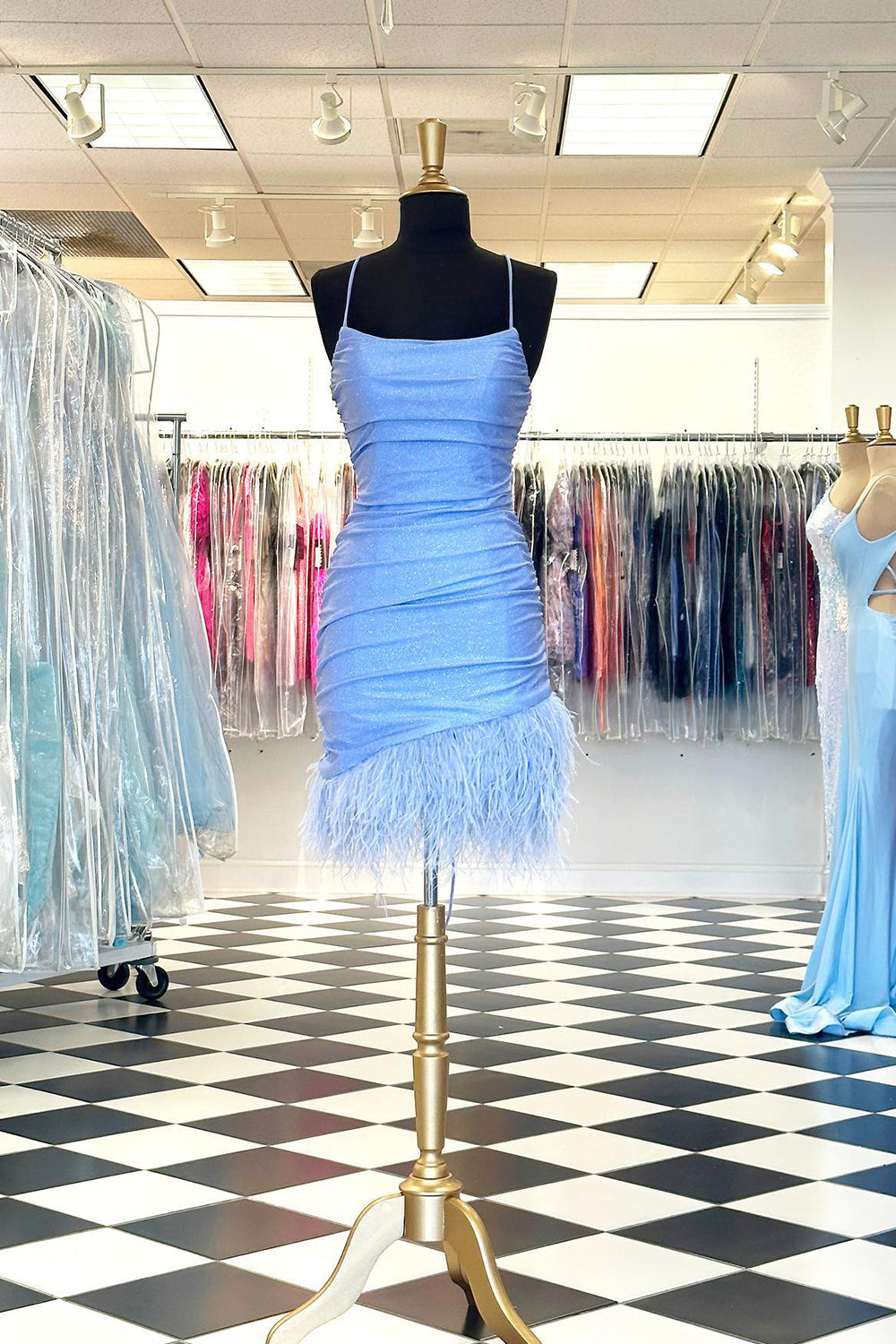Glitter Light Blue Homecoming Dresses Feathered Tight Short Cocktail Dresses