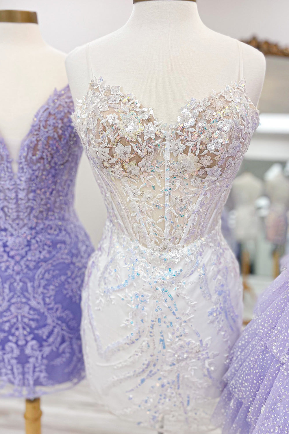 Glitter Lilac Homecoming Dresses Corset Sequin Tight Short Cocktail Dresses with Appliques