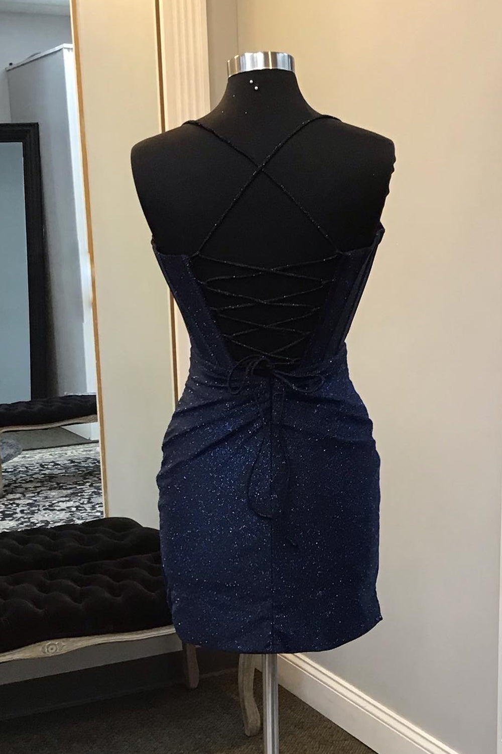 Glitter Navy Homecoming Dresses Beaded Corset Lace-Up Back Tight Short Cocktail Dresses