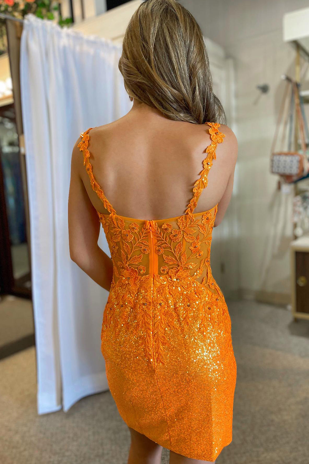 open lace back dress Spaghetti Straps Tight Orange Homecoming Dress Short Prom Dress PD525 US18 / Orange