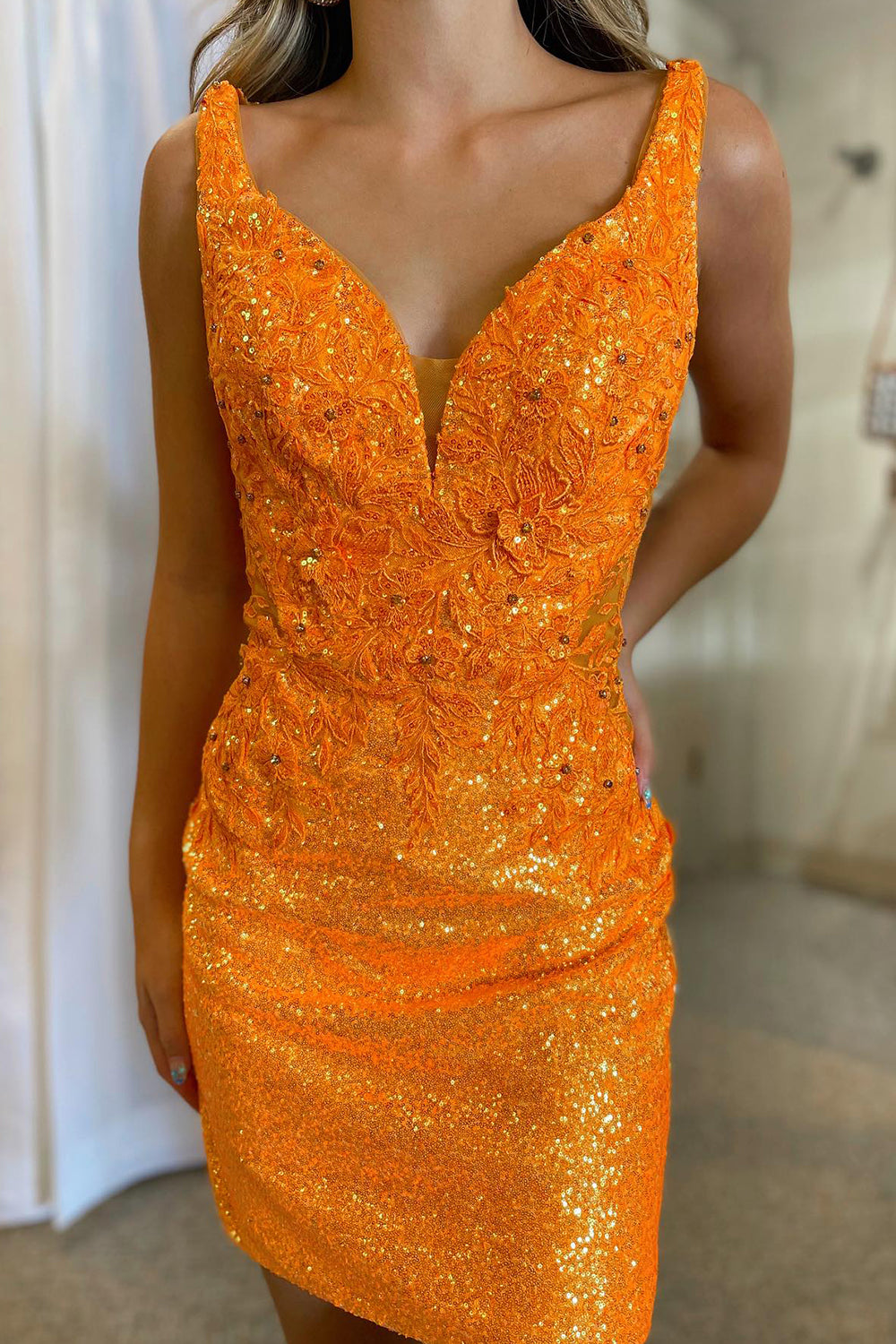 Glitter Orange Homecoming Dress Corset Sequin Tight Short Prom Dress with Appliques Suzhoufashion