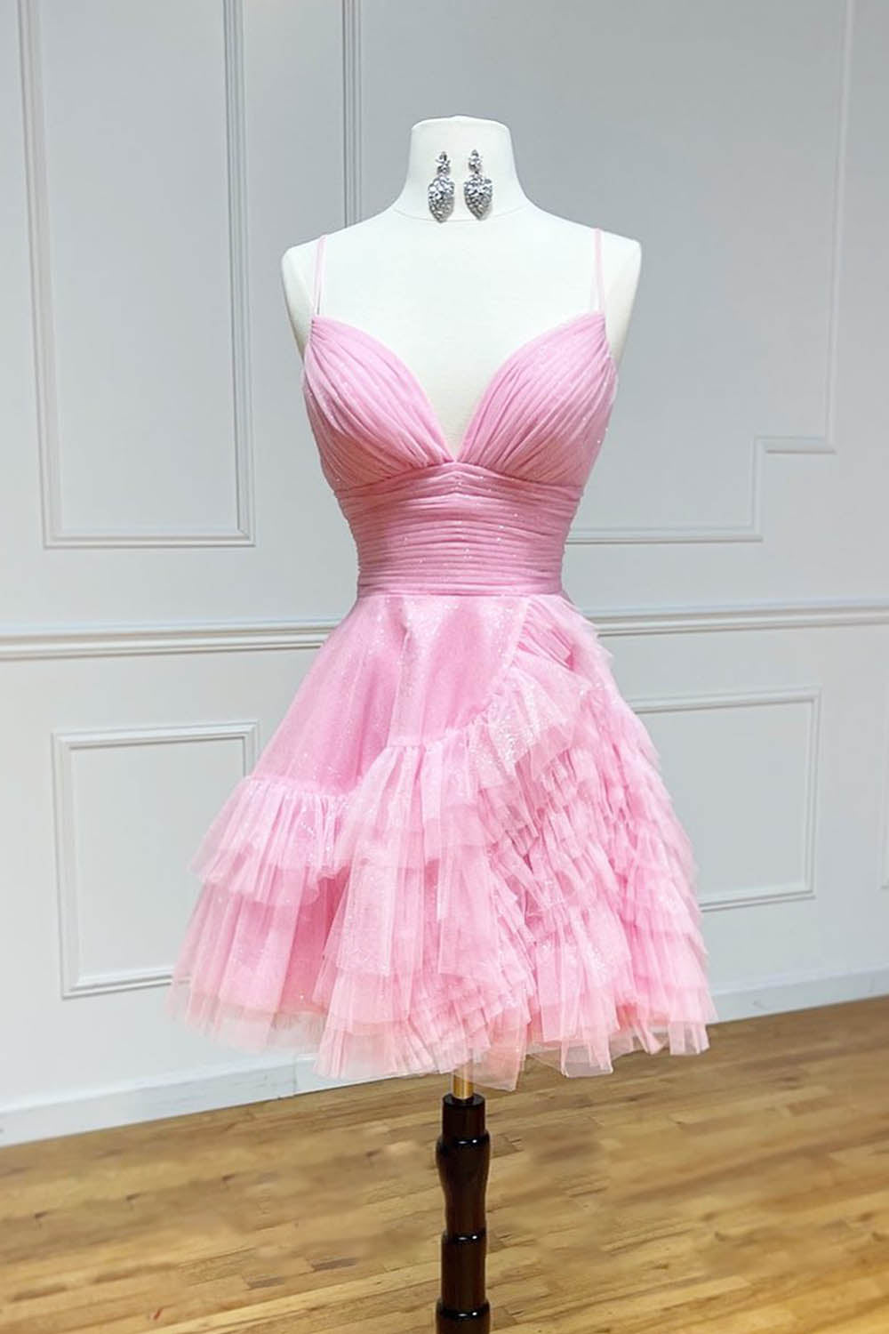 Glitter Pink Homecoming Dresses Tulle A-Line Short Cocktail Dresses with Ruffles