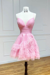 Glitter Pink Homecoming Dresses Tulle A-Line Short Cocktail Dresses with Ruffles