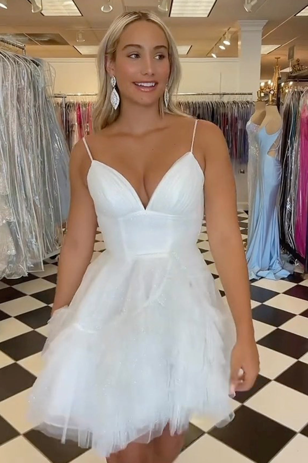 Glitter Pink Homecoming Dresses Tulle A-Line Short Cocktail Dresses with Ruffles