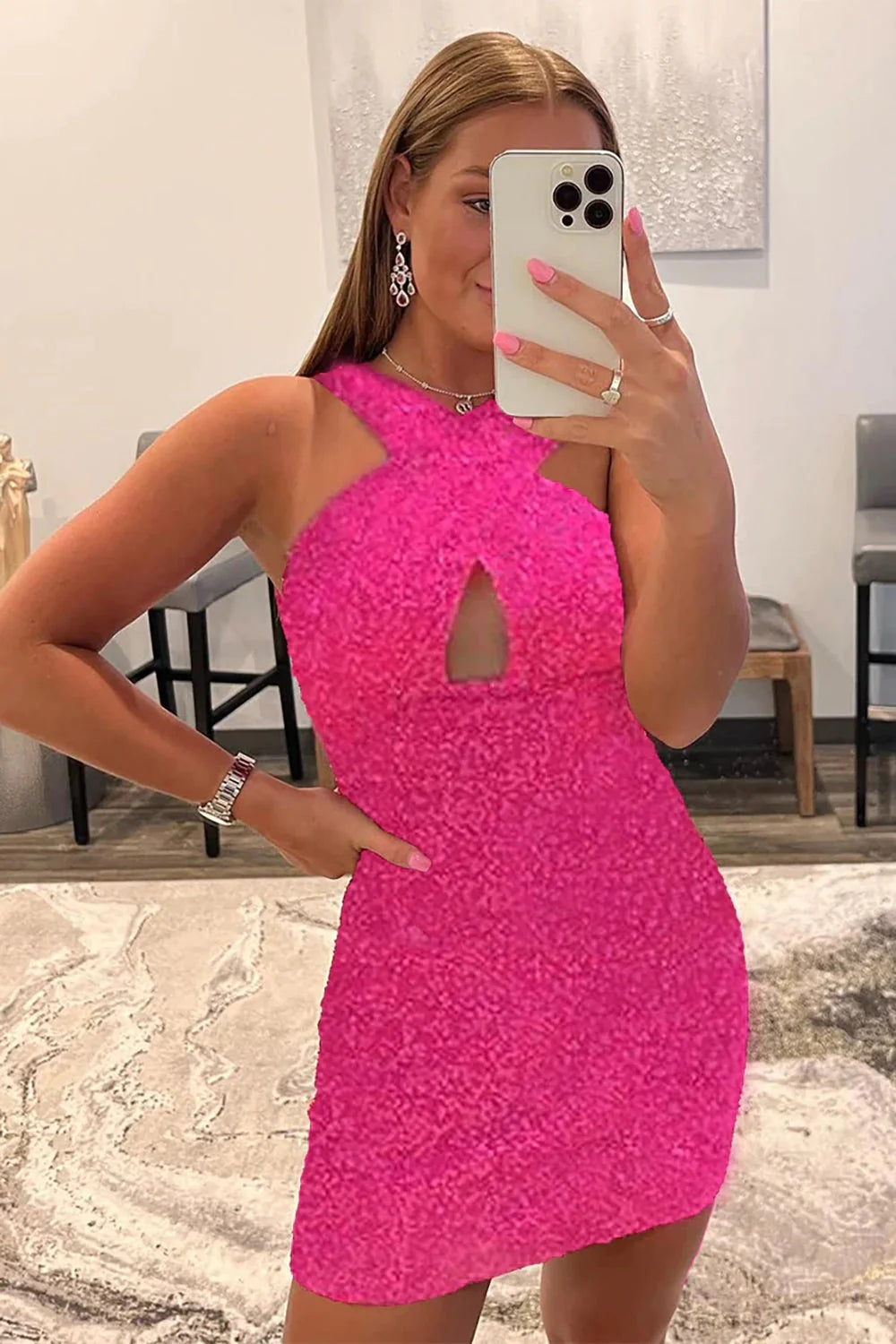 Glitter Royal Blue Homecoming Dresses Halter Backless Sequin Tight Prom Dress