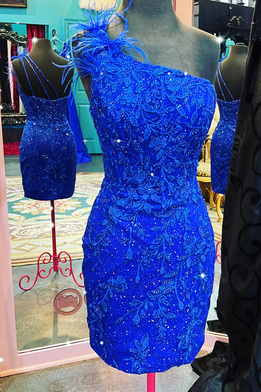Glitter Royal Blue Homecoming Dresses Lace One Shoulder Tight Short Cocktail Dresses with Feathers
