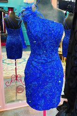 Glitter Royal Blue Homecoming Dresses Lace One Shoulder Tight Short Cocktail Dresses with Feathers
