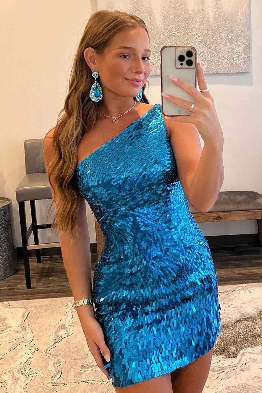Glitter Royal Blue Homecoming Dresses One Shoulder Sequin Tight Hoco Dress