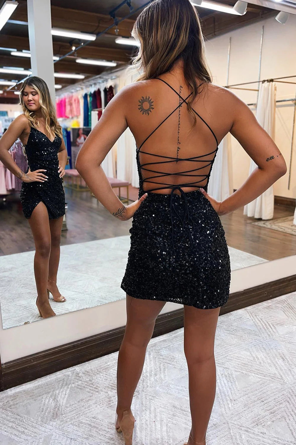 Glitter Royal Blue Homecoming Dresses Spaghetti Straps Sequin Backless Tight Prom Dress with Slit