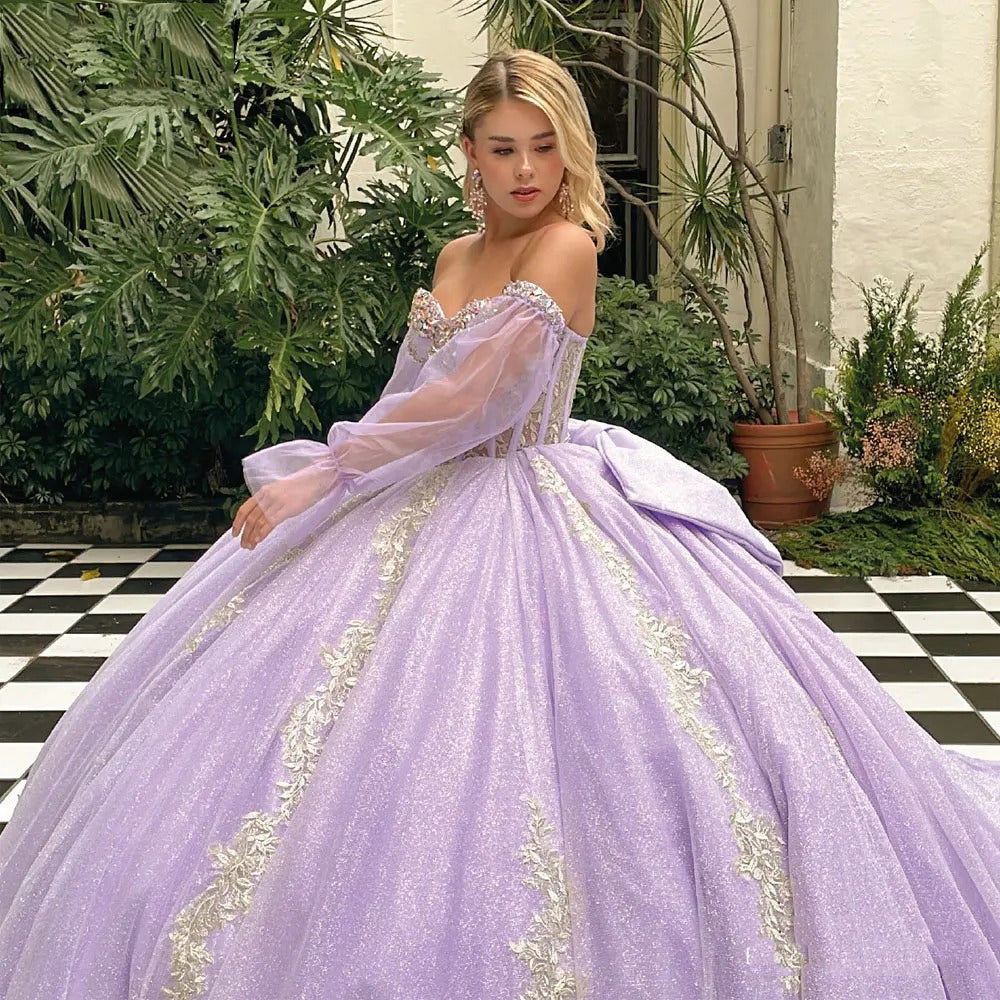 Glitter & Sparkly Ball Gown Strapless Long Sleeves Lace Appliques Beaded Bow Knot Lilac Tulle Princess Evening Party Gown Quinceanera Dress For Sweet 16