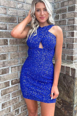 Glitter Turquoise Homecoming Dresses Halter Backless Sequin Tight Prom Dress