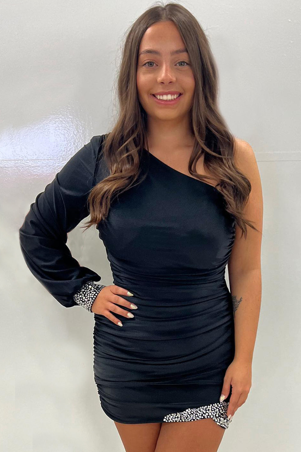 Glitter Turquoise Homecoming Dresses One Shoulder Tight Short Cocktail Dresses with Sleeves