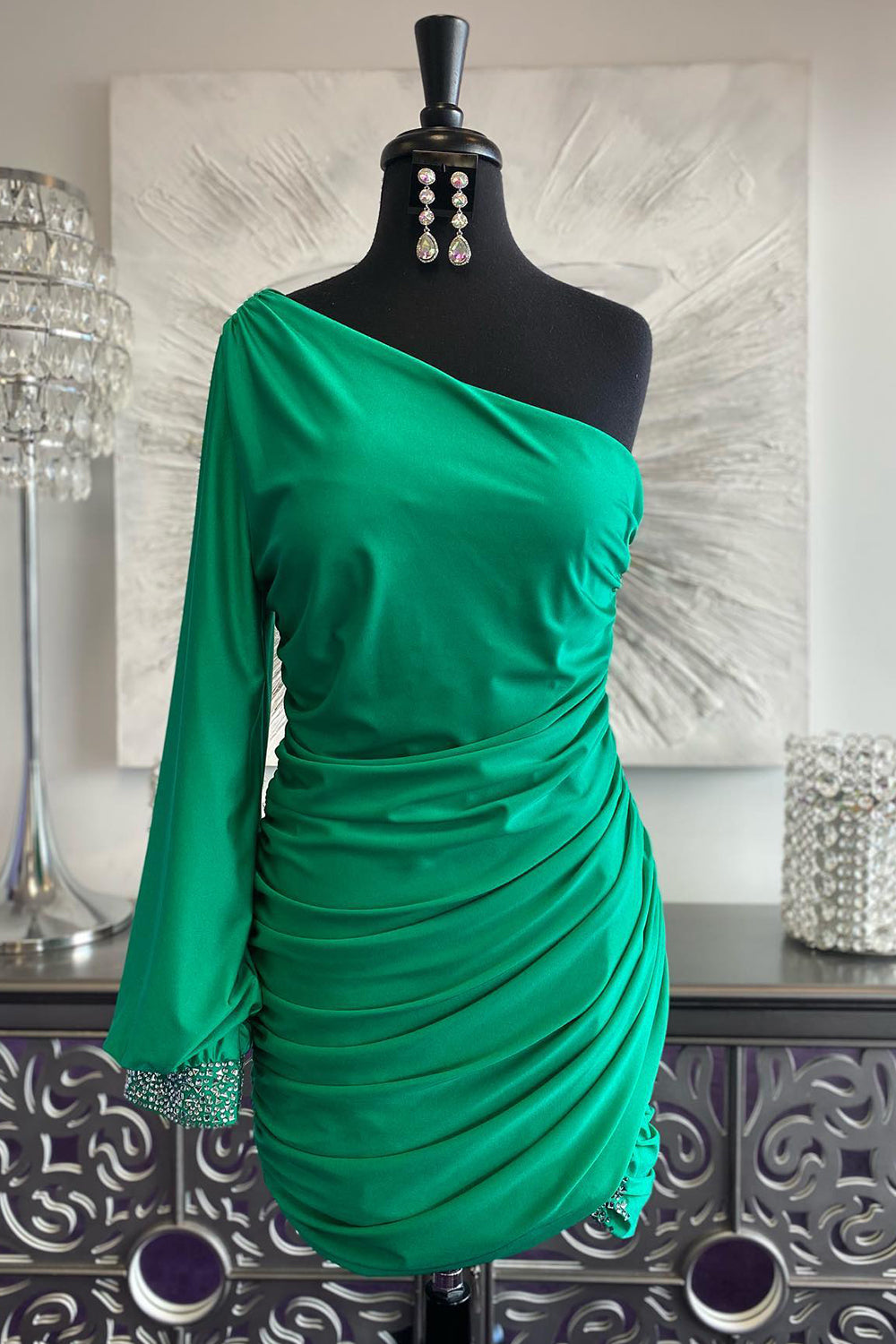 Glitter Turquoise Homecoming Dresses One Shoulder Tight Short Cocktail Dresses with Sleeves