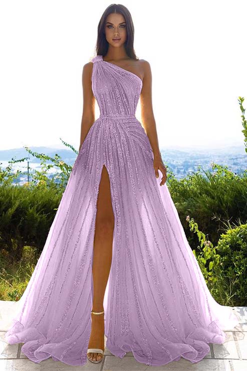 Glittering One Shoulder Daffodil Sequins Evening Prom Dresses Slit Long On Sale