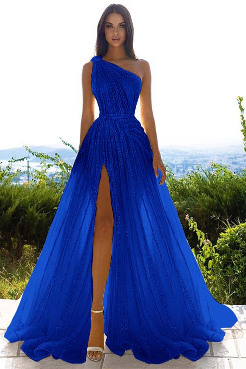 Glittering One Shoulder Daffodil Sequins Evening Prom Dresses Slit Long On Sale