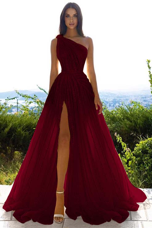 Glittering One Shoulder Daffodil Sequins Evening Prom Dresses Slit Long On Sale