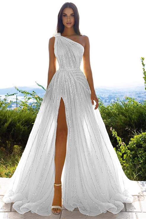 Glittering One Shoulder Daffodil Sequins Evening Prom Dresses Slit Long On Sale