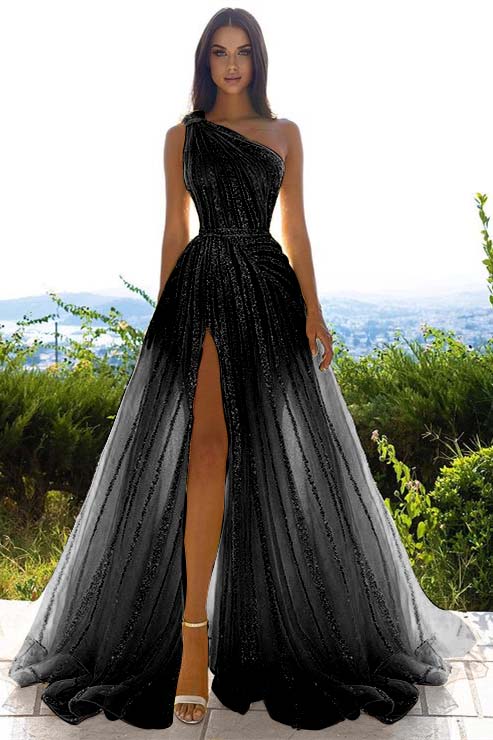 Glittering One Shoulder Daffodil Sequins Evening Prom Dresses Slit Long On Sale