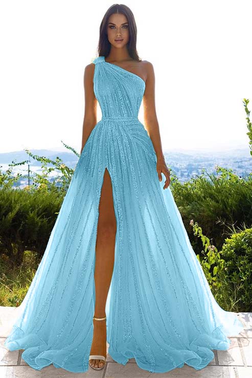 Glittering One Shoulder Daffodil Sequins Evening Prom Dresses Slit Long On Sale