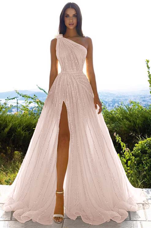 Glittering One Shoulder Daffodil Sequins Evening Prom Dresses Slit Long On Sale