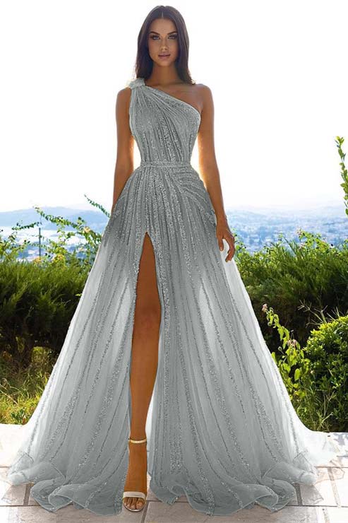 Glittering One Shoulder Daffodil Sequins Evening Prom Dresses Slit Long On Sale