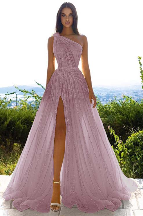 Glittering One Shoulder Daffodil Sequins Evening Prom Dresses Slit Long On Sale