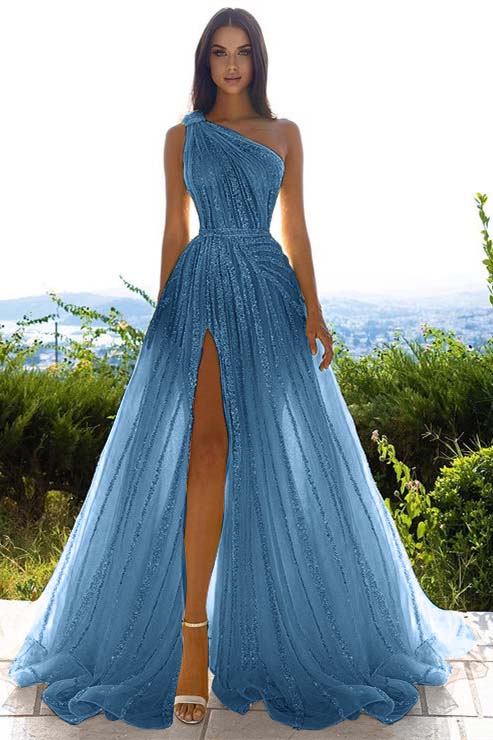 Glittering One Shoulder Daffodil Sequins Evening Prom Dresses Slit Long On Sale