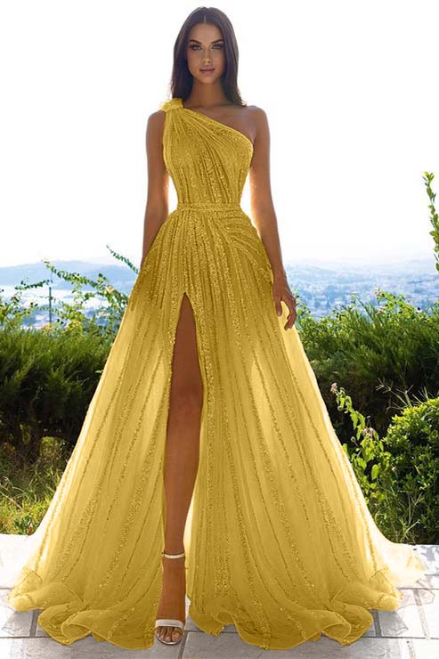 Glittering One Shoulder Daffodil Sequins Evening Prom Dresses Slit Long On Sale