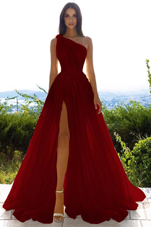 Glittering One Shoulder Daffodil Sequins Evening Prom Dresses Slit Long On Sale