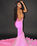 Glittery Blushing Pink Satin Crystal Mermaid Prom Dresses With Sleeveless