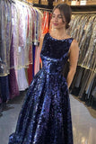 Glittery Ocean Blue Ruffles Crystal V Back A-Line Prom Dresses