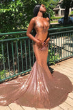 Glittery Sleeveless V Neck Nude Pink Sequins Mermaid Prom Dresses