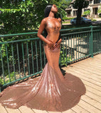 Glittery Sleeveless V Neck Nude Pink Sequins Mermaid Prom Dresses