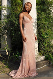 Glittery V Neck Nude Pink Satin Sequins Prom Dresses With Spaghetti Straps
