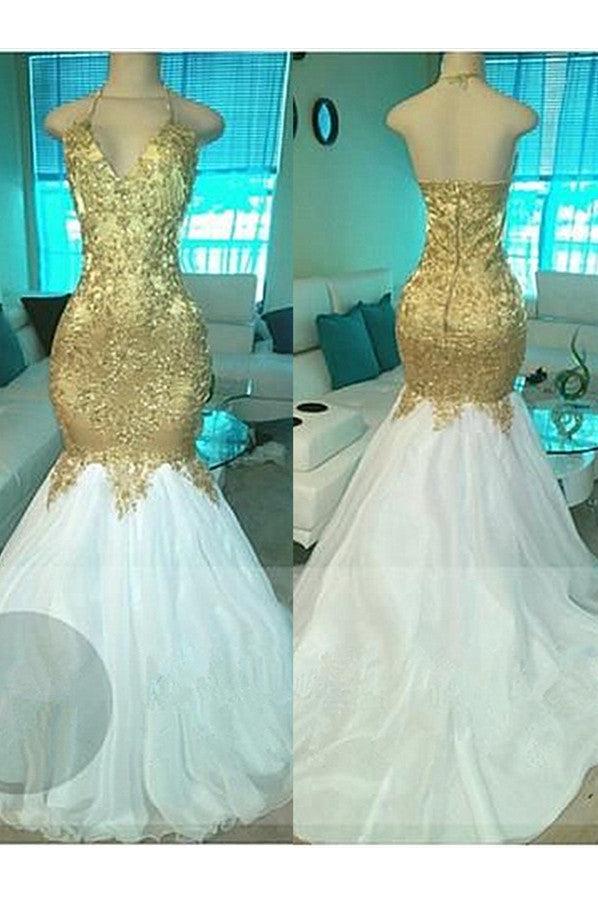 Gold Beading V-neck Halter Prom Dresses Open Back Sexy Mermaid Popular Evening Gown BA5332-MQ0027